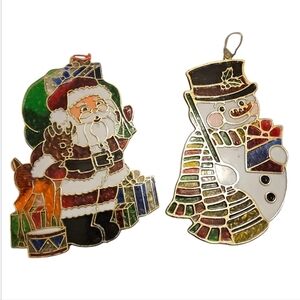 Vintage Christmas Santa Snowman Suncatcher Window Ornament Hand Painted 8.5"